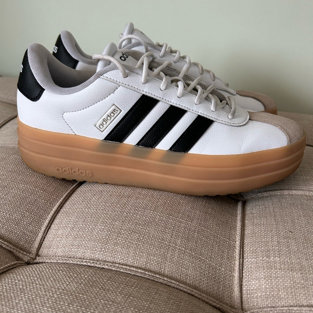 Adidas Women's White and Black Sneakers with Tan Sole